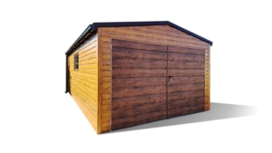 3.5x5m deluxe mobile garage with gable roof, dark walnut double doors, light golden oak walls, chocolate brown plywood roof cladding, windows, cornices, guttering, horizontal sheet cladding