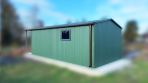 3,5x7m-es prémium mobilgarázs nyeregtetővel (1m-es előtetővel), zöld színben, kétszárnyú kapuval, ablakokkal, ereszcsatornával, szegélyezéssel