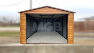3,5x5m Premium-Mobilgarage mit Satteldach, Kipptür an der Stirnwand, Wände und Tür aus heller Goldeiche, schokoladenbraunes Dach mit Zierleisten