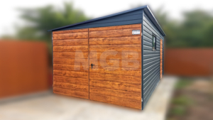 3×6m große Premium-Mobilgarage mit nach links geneigtem Pultdach, Garagentor und Seitentür in Goldeiche, anthrazitgrauen Wänden und Dach, einem Fenster und Verkleidungen