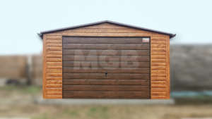 4×5m große premium mobilgarage mit satteldach, seitenwänden in heller goldeiche, einem tor und einer tür in dunklem nussbaum, dachrinne und verkleidungen
