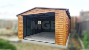 4×5m große premium mobilgarage mit satteldach, seitenwänden in heller goldeiche, einem tor und einer tür in dunklem nussbaum, dachrinne und verkleidungen