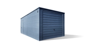 3,5x6m deluxe mobile garage with back sloping roof, +72cm lift, anthracite grey walls, tilting door, door and roof, 2 ventilation grilles, skirting, gutter, galvanized frame, horizontal sheet metal cladding