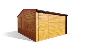 5x4m deluxe mobile garage with gable roof, light golden oak walls, door and gate, cherry red plywood roofing, windows, trims, guttering, galvanised frame, horizontal sheet metal cladding