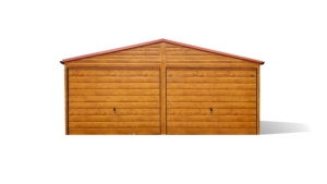 6x5,5m deluxe mobile garage with gable roof, +20 cm elevation, light golden oak walls, 2 doors and 2 doors, copper brown roof, trim, guttering, galvanized frame, horizontal cladding