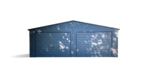 7x5m delux mobile garage with gable roof, +20cm elevation, anthracite grey walls, 2 tilting doors, door and roof, windows, cornices, gutter, galvanized frame, horizontal plating