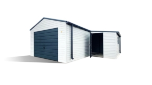 4x6m delux mobile garage with gable roof, right side 2x3m storage with right sloping roof, white walls, anthracite grey tilting door, door and roof, windows, cornices, guttering, galvanized frame, horizontal cladding