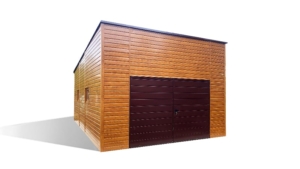 4,5×6,5m deluxe mobile garage with back sloping roof, +106cm elevation, light golden oak walls, chocolate brown door and roof, trims, window, gutter, galvanized frame, horizontal cladding