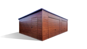 8x5m deluxe mobile garage with back sloping roof, +24cm lift, dark walnut door and 2 tilting doors, chocolate brown plywood roof covering, guttering, cornices, galvanized frame, horizontal cladding