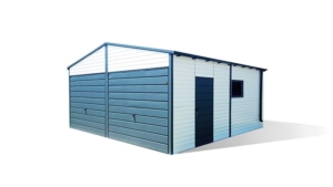 6x6m delux mobile garage with gable roof, +44cm elevation, white walls, anthracite grey door with roof and 2 tilting doors, 2 windows, cornices, gutter, galvanized frame, horizontal cladding