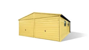 6×6,5m delux mobile garage with gable roof, +8cm elevation, sandy yellow walls, door and 2db tilting doors, 2db windows, cornices, gutter, sandy yellow plywood roof covering, galvanized frame, horizontal sheet metal covering