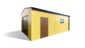 4,5x7m deluxe mobile garage with gable roof, +56cm elevation, sandy yellow walls, dark walnut sectional door and door, cherry red plywood roof covering, window, gutter, galvanized frame, horizontal cladding