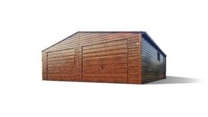 7,5×7,5m deluxe mobile garage with gable roof, light golden oak walls, 2 doors, 2 tilting doors, door, chocolate brown roof, window, gutter, trims, galvanized frame, horizontal cladding