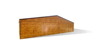 11x6m deluxe mobile garage with gable roof, light golden oak walls, 3 doors with tilting doors, chocolate brown roof, 2 windows, trims, galvanized frame, horizontal cladding