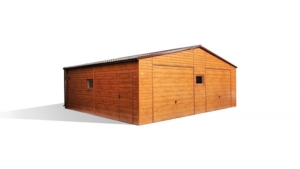 8x7m deluxe mobile garage with gable roof, +44cm elevation, light golden oak walls, 2 doors and gates, chocolate brown plywood roofing, windows, guttering, ventilation grille, galvanized frame, horizontal cladding