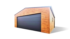 6,8x6m delux mobile garage with gable roof, +56cm lift, atracite grey sectional door, door and roof, light golden oak walls, 2 windows, gutter, skirting, galvanized frame, horizontal cladding