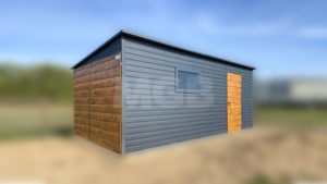 3×6m große Premium-Mobilgarage mit nach links geneigtem Pultdach, Garagentor und Seitentür in Goldeiche, anthrazitgrauen Wänden und Dach, einem Fenster und Verkleidungen