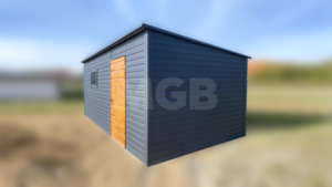 3×6m große Premium-Mobilgarage mit nach links geneigtem Pultdach, Garagentor und Seitentür in Goldeiche, anthrazitgrauen Wänden und Dach, einem Fenster und Verkleidungen
