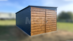 3×6m große Premium-Mobilgarage mit nach links geneigtem Pultdach, Garagentor und Seitentür in Goldeiche, anthrazitgrauen Wänden und Dach, einem Fenster und Verkleidungen