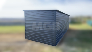 3×6m große Premium-Mobilgarage mit nach links geneigtem Pultdach, Garagentor und Seitentür in Goldeiche, anthrazitgrauen Wänden und Dach, einem Fenster und Verkleidungen