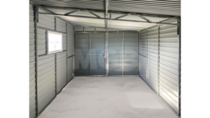 3×6m große Premium-Mobilgarage mit nach links geneigtem Pultdach, Garagentor und Seitentür in Goldeiche, anthrazitgrauen Wänden und Dach, einem Fenster und Verkleidungen