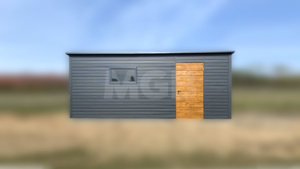 3×6m große Premium-Mobilgarage mit nach links geneigtem Pultdach, Garagentor und Seitentür in Goldeiche, anthrazitgrauen Wänden und Dach, einem Fenster und Verkleidungen