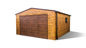4.5x5.5m deluxe mobile garage with gable roof, dark walnut tilting door and door, light golden oak walls, skirting, guttering, horizontal plywood cladding