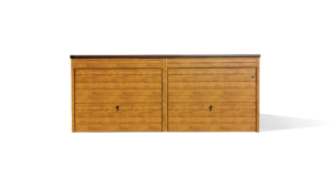 6x6m deluxe mobile garage with sloping roof, +14cm lift, light golden oak walls, tilting doors, chocolate brown roof, trims, galvanized frame, horizontal sheet metal cladding