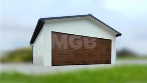 6×5,8m delux insulated mobile garage with gable roof, white walls, dark walnut sectional door and door, window, 2 ventilation grilles, skirting, guttering, anthracite grey plywood roof covering