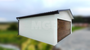 6×5,8m delux insulated mobile garage with gable roof, white walls, dark walnut sectional door and door, window, 2 ventilation grilles, skirting, guttering, anthracite grey plywood roof covering