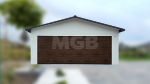 6×5,8m delux insulated mobile garage with gable roof, white walls, dark walnut sectional door and door, window, 2 ventilation grilles, skirting, guttering, anthracite grey plywood roof covering