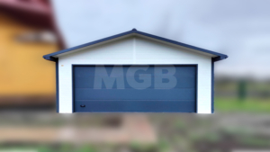 6,5×4,5m delux insulated mobile garage with gable roof, white walls, anthracite grey sectional door and door, window, 2 ventilation grilles, cornices, guttering, anthracite grey plywood roof covering