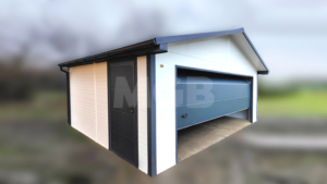 6,5×4,5m delux insulated mobile garage with gable roof, white walls, anthracite grey sectional door and door, window, 2 ventilation grilles, cornices, guttering, anthracite grey plywood roof covering