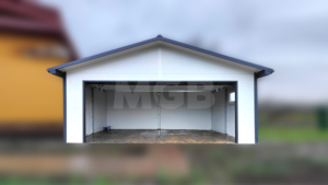 6,5×4,5m delux insulated mobile garage with gable roof, white walls, anthracite grey sectional door and door, window, 2 ventilation grilles, cornices, guttering, anthracite grey plywood roof covering