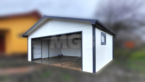 6,5×4,5m delux insulated mobile garage with gable roof, white walls, anthracite grey sectional door and door, window, 2 ventilation grilles, cornices, guttering, anthracite grey plywood roof covering
