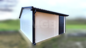 6,5×4,5m delux insulated mobile garage with gable roof, white walls, anthracite grey sectional door and door, window, 2 ventilation grilles, cornices, guttering, anthracite grey plywood roof covering