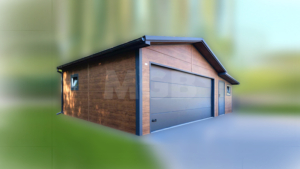 9×5.8m DELUX insulated mobile garage with gable roof, dark walnut walls, anthracite gray sectional door and door, 2 windows, 3 ventilation grilles, internal partition wall, internal door opening, trim, gutter, and anthracite gray tile-effect sheet roof covering