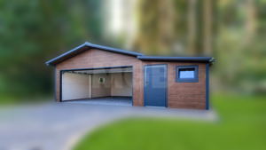 9×5.8m DELUX insulated mobile garage with gable roof, dark walnut walls, anthracite gray sectional door and door, 2 windows, 3 ventilation grilles, internal partition wall, internal door opening, trim, gutter, and anthracite gray tile-effect sheet roof covering