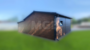 9×5.8m DELUX insulated mobile garage with gable roof, dark walnut walls, anthracite gray sectional door and door, 2 windows, 3 ventilation grilles, internal partition wall, internal door opening, trim, gutter, and anthracite gray tile-effect sheet roof covering