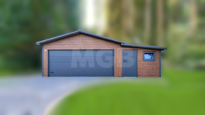 9×5.8m DELUX insulated mobile garage with gable roof, dark walnut walls, anthracite gray sectional door and door, 2 windows, 3 ventilation grilles, internal partition wall, internal door opening, trim, gutter, and anthracite gray tile-effect sheet roof covering