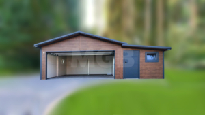 9×5.8m DELUX insulated mobile garage with gable roof, dark walnut walls, anthracite gray sectional door and door, 2 windows, 3 ventilation grilles, internal partition wall, internal door opening, trim, gutter, and anthracite gray tile-effect sheet roof covering