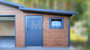 9×5.8m DELUX insulated mobile garage with gable roof, dark walnut walls, anthracite gray sectional door and door, 2 windows, 3 ventilation grilles, internal partition wall, internal door opening, trim, gutter, and anthracite gray tile-effect sheet roof covering