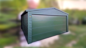 5×5m große Delux-Mobilgarage mit Satteldach, in Dunkelgrün, mit Sektionaltor, Seitentür, Dachrinne, Verkleidungen, verzinkter Rahmenkonstruktion und horizontaler Blechverkleidung