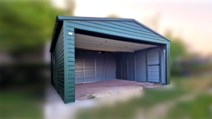 5×5m große Delux-Mobilgarage mit Satteldach, in Dunkelgrün, mit Sektionaltor, Seitentür, Dachrinne, Verkleidungen, verzinkter Rahmenkonstruktion und horizontaler Blechverkleidung
